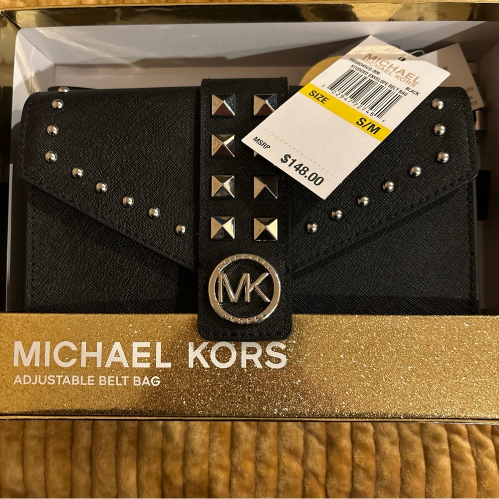 NWT $148 MICHAEL KORS STUDDED ENVELOPE BELT BAG BLACK LEATHER